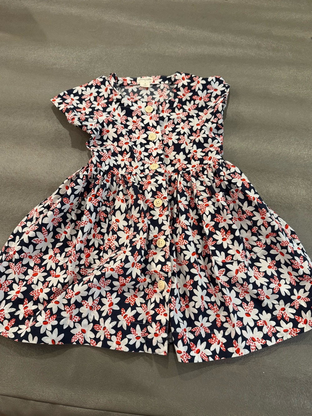 Crewcuts Navy Floral Button-Front Dress with Red and White Flowers, size 4